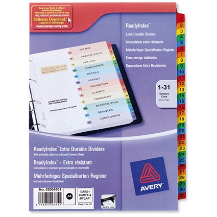 Avery ReadyIndex Dividers / 1-31 / Multicoloured Mylar Tabs / A4 / White