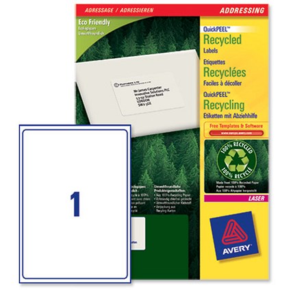 Avery Recycled Laser Addressing Labels / 1 per Sheet / 199.6x289.1mm / White / LR7167-100 / 100 Labels
