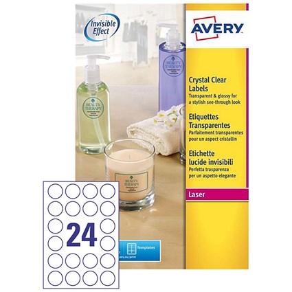 Avery Crystal Clear Circular Laser Labels / 24 per Sheet / 40mm Diameter / L7780-25 / 600 Labels