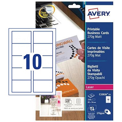 Avery Quick & Clean Laser Business Cards / 85mm x 54mm / Satin Ultra White / 270gsm / Pack of 250