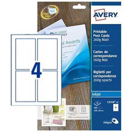 Avery Correspondence Inkjet Cards / 128 x 82mm / Matt White / 250gsm / Pack of 100