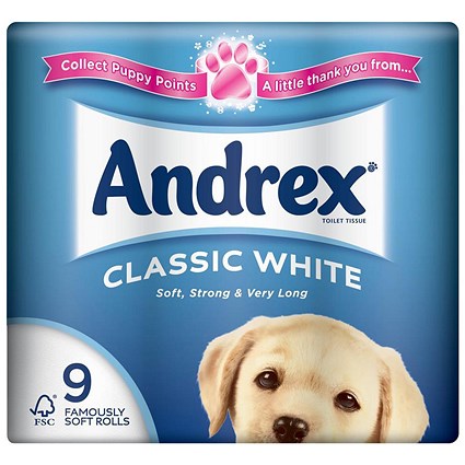 Andrex Classic Toilet Rolls, White, 2-Ply, 200 Sheets per Roll, 1 Pack of 9 Rolls