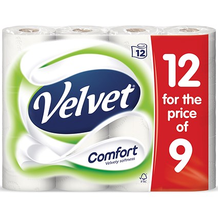Velvet Toilet Rolls, White, 2-Ply, 210 Sheets per Roll, 1 Pack of 12 Rolls