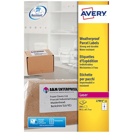 Avery Weatherproof Laser Shipping Labels, 8 per Sheet, 99.1x67.7mm, L7993-25, 200 Labels