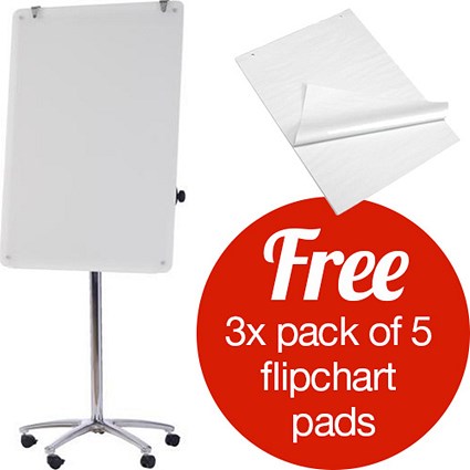 Bi-Office Magnetic Glass Flipchart Easel 700x1000mm - Offer includes 3 x Pack of 5 Flipchart Pads for FREE