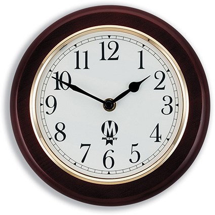 Merit Walden Wall Clock Wooden with Plastic Lens 195mm Diameter Mahogany