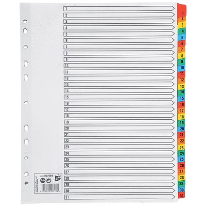 5 Star Maxi Index Dividers, Extra Wide, 1-31, Multicoloured Mylar Tabs, A4, White