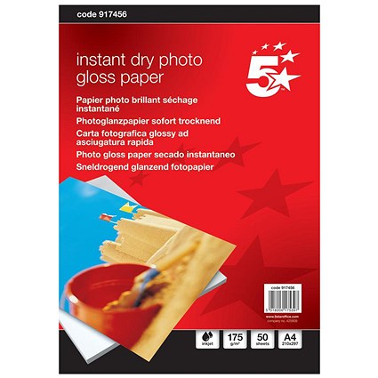 5 Star A4 Gloss Inkjet Photo Paper, White, 175gsm, Pack of 50 Sheets