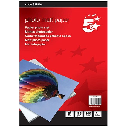 5 Star A4 Matt Inkjet Photo Paper, White, 165gsm, Pack of 100 Sheets