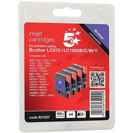 5 Star Compatible - Alternative to Brother LC1000 Inkjet Cartridge Value Pack - Black, Cyan, Magenta and Yellow (4 Cartridges)