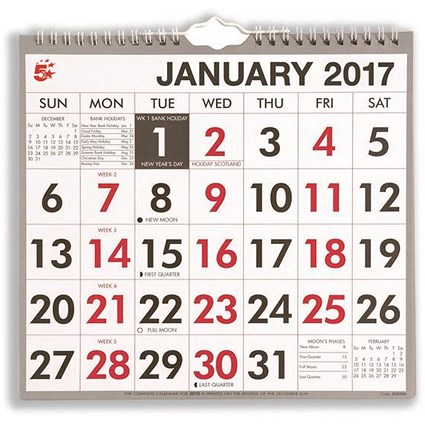 5 Star 2017 Wall Calendar / Wirebound / Month to View