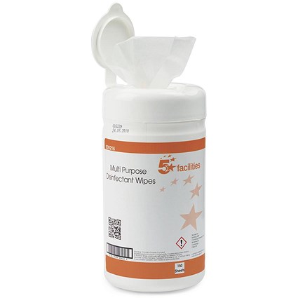 5 Star Multipurpose Disinfectant Wipes, Antibacterial, 130 x 130mm, Tub of 150 Wipes