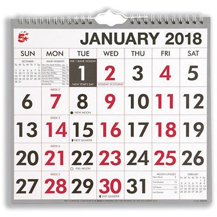 5 Star 2018 Wall Calendar / Wire Bound / Month to View