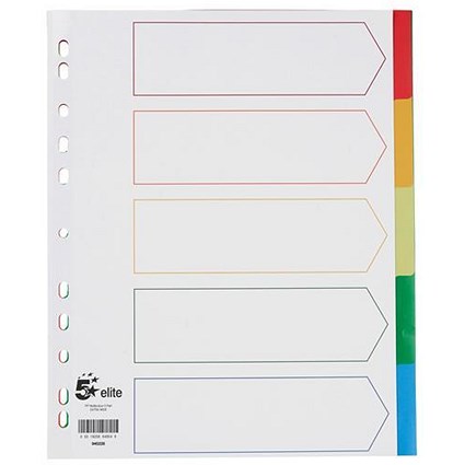 5 Star Elite Plastic File Dividers, Extra Wide, 5-Part, Multicoloured Tabs, A4, White