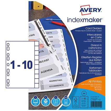 Avery Customisable Subject Dividers, 10-Part, Blank Tabs, A4, White