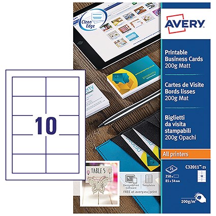 Avery 85mm x 54mm Business Cards, 10 Per Sheet, White, 200gsm, Pack of 250