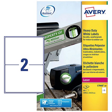 Avery L7068-20 Laser Labels, 2 Per Sheet, 199.6x143.5mm, White, 40 Labels