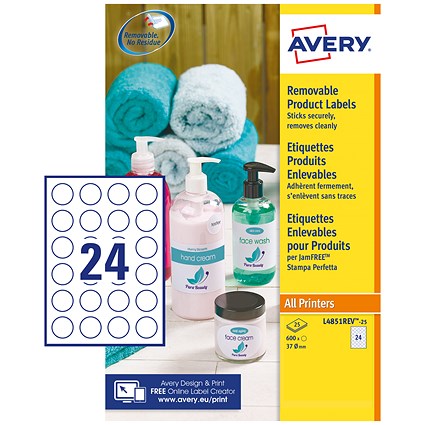 Avery L4851REV-25 Removable Labels, 24 Per Sheet, 37mm Diameter, 600 Labels