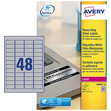 Avery L6009-20.UK Heavy Duty Laser Labels, 48 per Sheet, 45.7x21.2mm, Silver, 960 Labels