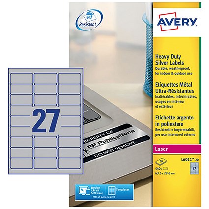 Avery L6011-20.UK Heavy Duty Laser Labels, 27 per Sheet, 63.5x29.6mm, Silver, 540 Labels