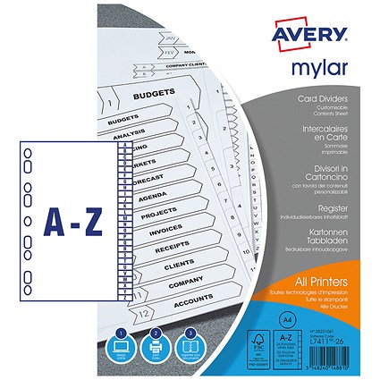Avery Customisable Index Dividers, A-Z, Blank Tabs, A4, White
