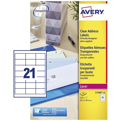 Avery L7560-25 Laser Labels, 21 Per Sheet, 63.5x38.1mm, Clear, 525 Labels