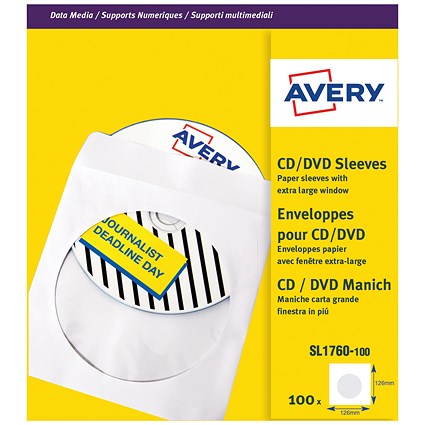 Avery CD/DVD Paper Sleeves, 126x126mm, White, SL1760-100, Pack of 100