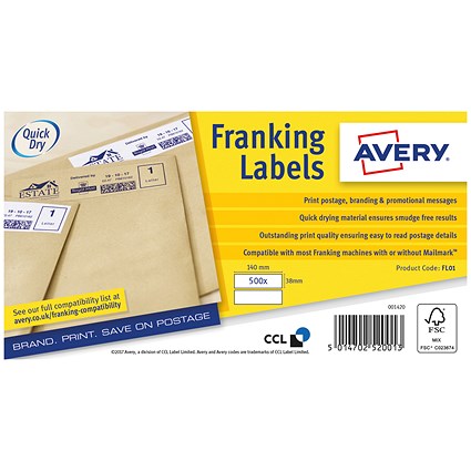 Avery FL01 Franking Labels, 2 per Sheet, 140x38mm, White, 1000 Labels