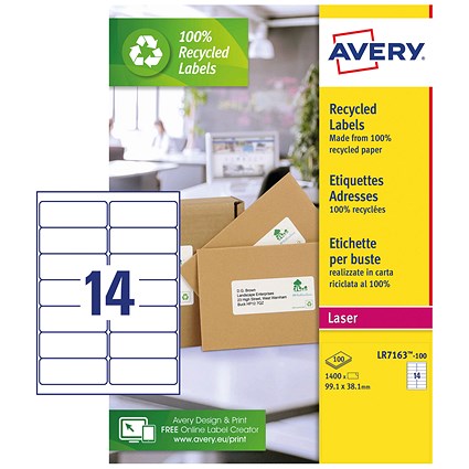 Avery LR7163-100 Recycled Laser Labels, 14 Per Sheet, 99.1x38.1mm, White, 1400 Labels