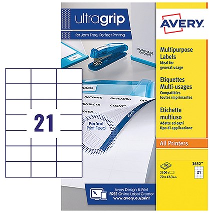 Avery 3652 Multi-Purpose Labels, 21 Per Sheet, 70x42.3mm, White, 2100 Labels
