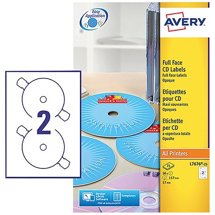 Avery L7676-25 Laser CD/DVD Labels, 2 per Sheet, 117mm Diameter, Black and White, 50 Labels