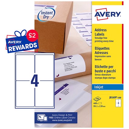 Avery J8169-100 Inkjet Labels, 4 Per Sheet, 139x99.1mm, White, 400 Labels