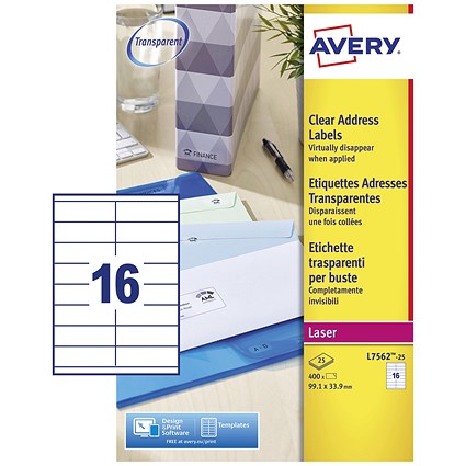 Avery L7562-25 Laser Labels, 16 Per Sheet, 99x34mm, Clear, 400 Labels