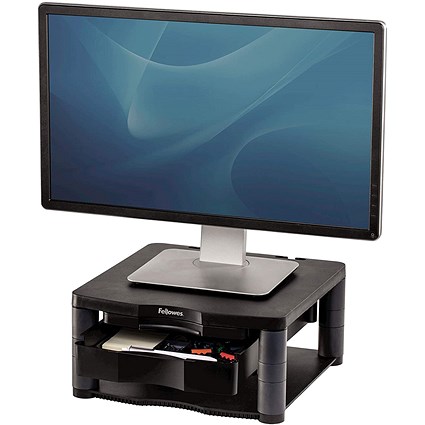 Fellowes Premium Monitor Stand Plus with Drawer and Copyholder, Adjustable Height, Black