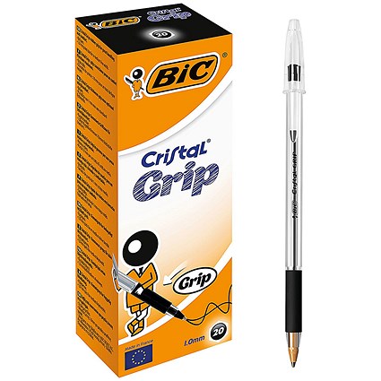 Bic Cristal Grip Ball Pen, Clear Barrel, Black, Pack of 20