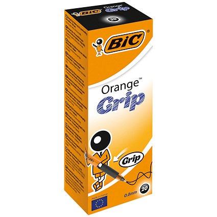 Bic Orange Grip Ball Pen, Black, Pack of 20