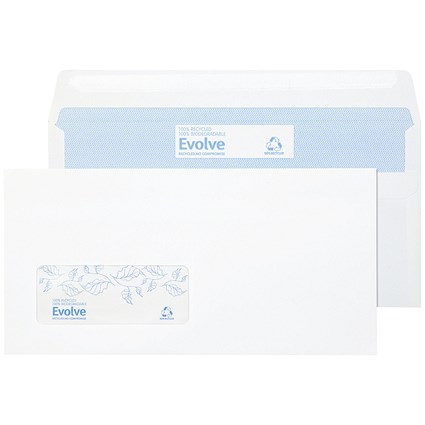 Evolve DL Recycled Wallet Envelopes, Window, Self Seal, 90gsm, White, Pack of 1000