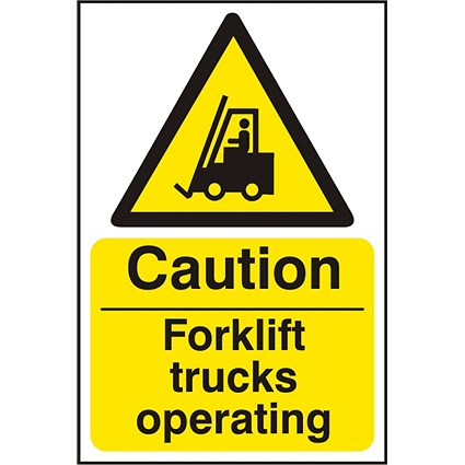 B-Safe Caution Forklift Trucks Operating Sign, 200x300mm, Self Adhesive, Pack of 5