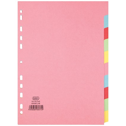 Elba Recycled Subject Dividers, 10-Part, Blank Multicolour Tabs, A4, Multicolour