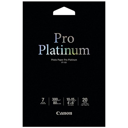 Canon 100mm x 150mm Pro Platinum Photo Paper, Glossy, 300gsm, Pack of 20