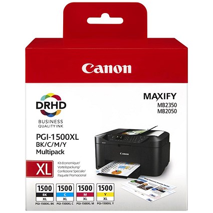 Canon PGI-1500XL High Yield Inkjet Cartridge Pack - Black, Cyan, Magenta and Yellow (4 Cartridges)