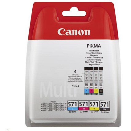 Canon CLI-571 Inkjet Cartridge Pack - Black, Cyan, Magenta and Yellow (4 Cartridges)