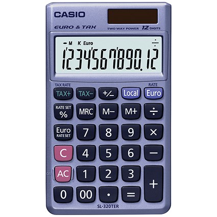 Casio Pocket Calculator, 12 Digit, Solar and Battery Power, Grey