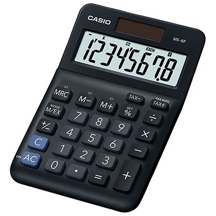 Casio MS-8F Mini Desk Calculator, 8 Digit, Solar and Battery Power, Black