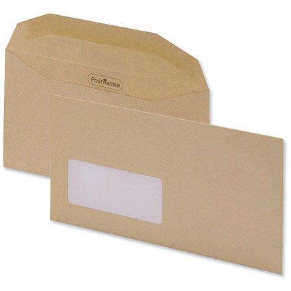 Postmaster DL Wallet Envelopes with Window, Gummed, Manilla, Pack of 500