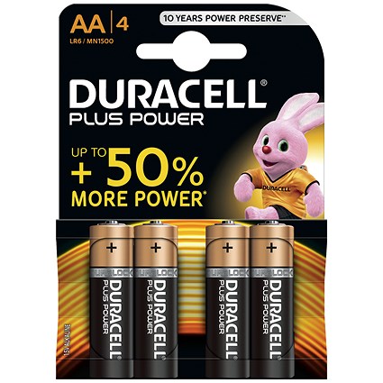 Duracell Plus Power Alkaline Battery, 1.5V, AA, Pack of 4
