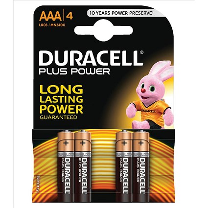 Duracell Plus Power Alkaline Battery, AAA, 1.5V, Pack of 4