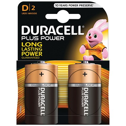 Duracell Plus Power Alkaline Battery, 1.5V, D, Pack of 2