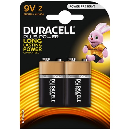 Duracell Plus Power MN1604 Alkaline Battery, 9V, Pack of 2