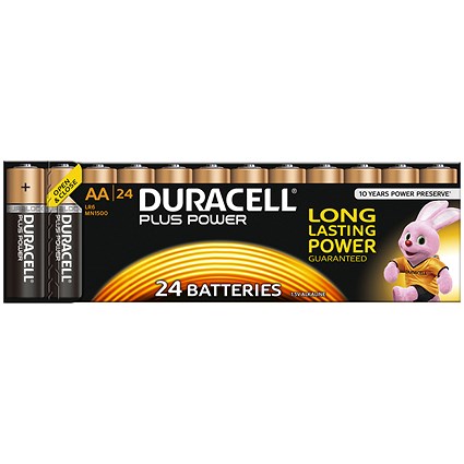 Duracell Plus Power Alkaline Battery, 1.5V, AA, Pack of 24